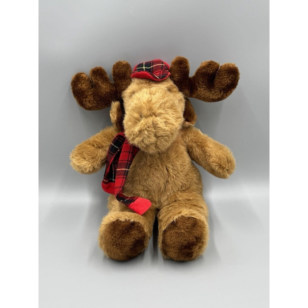 Vintage Moose Reindeer Brown Plush In Christmas Plaid Hat Scarf 14" Stuffed Toy